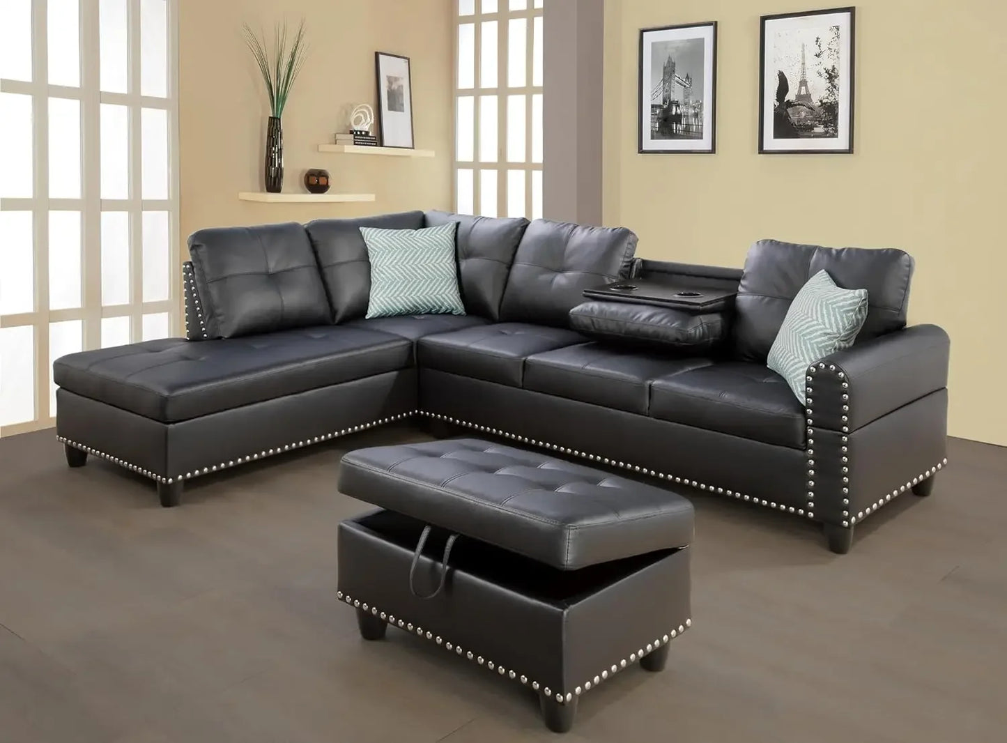 Combination L Shaped Sectional Sofa Chaise Ottoman Pillows