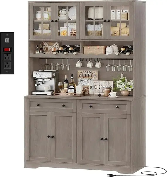 Tall Modern White Kitchen Pantry Cabinet with Charging Station, Microwave Stand, and Wine Rack