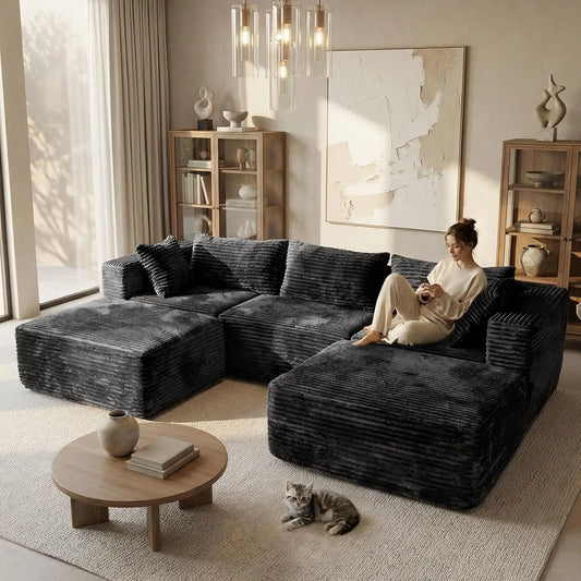 Modular Sectional Sofa With Ottomans Corduroy Upholstery