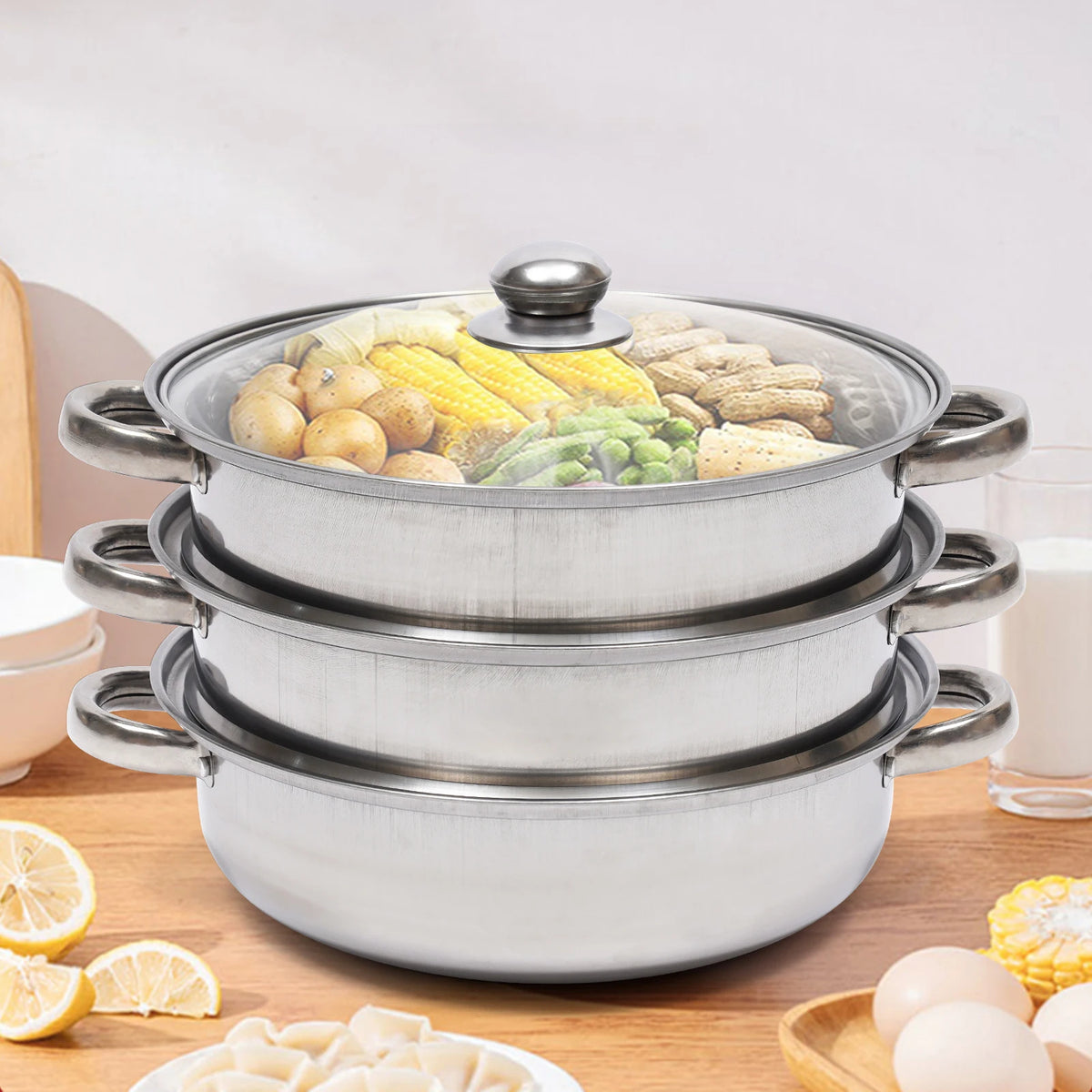 Stainless Steel Triple Layer Steamer Pot For Induction And Gas