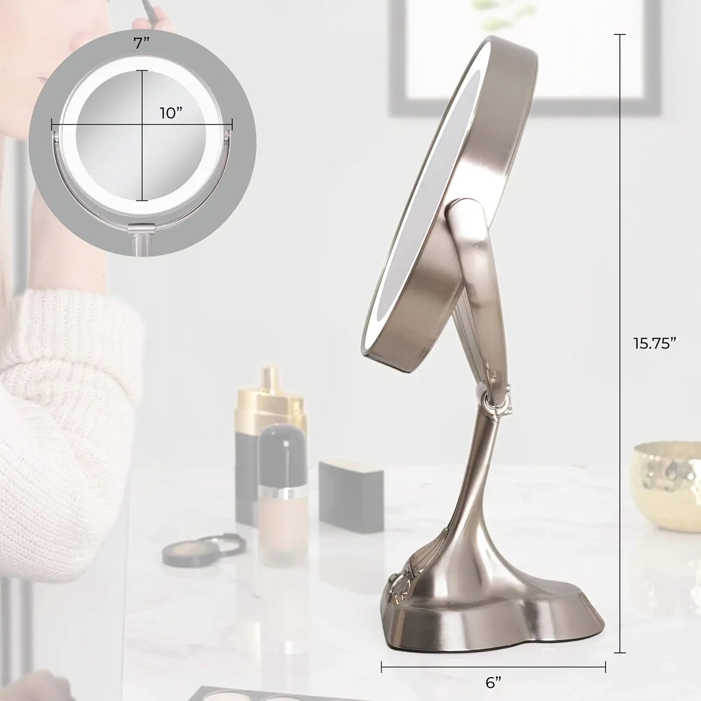 9" Round Dimable 3 LED Light Color Dual-Sided Magnified Makeup Mirror, Touch Dimmer Control (Satin Nickel, 10X/1X)