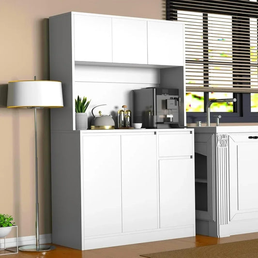 71" Tall White Kitchen Pantry Cabinet,Kitchen Pantry Storage Cabinet with Power Outlet,Freestanding Kitchen Hutch w/ countertop