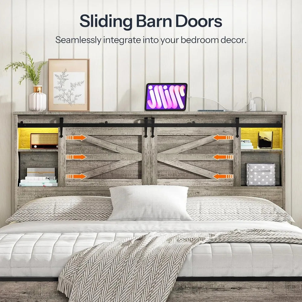 HOOBRO Queen Headboard with Storage Shelf, Farmhouse Queen Headboard Only with Charging Station & LED Lights, Bookcase Headboard