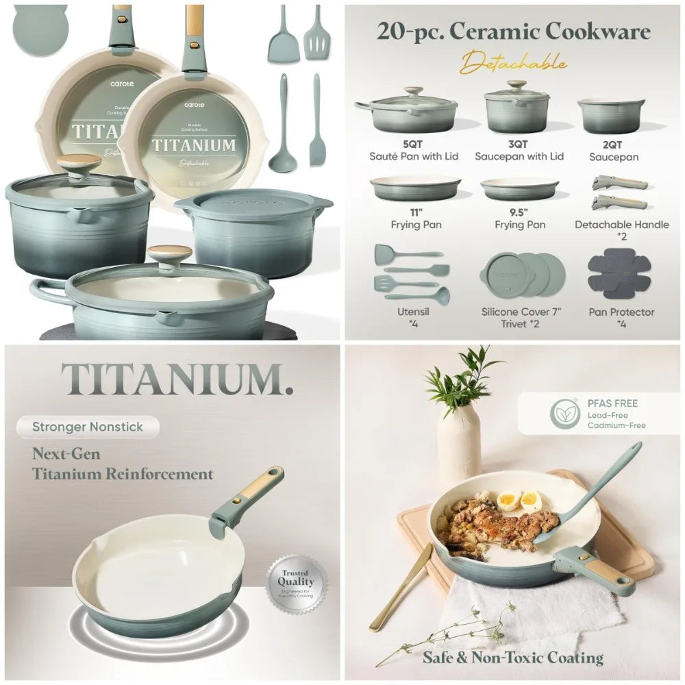 NUANYAO Titanium Pots And Pans Cookware Set With Detachable Handles