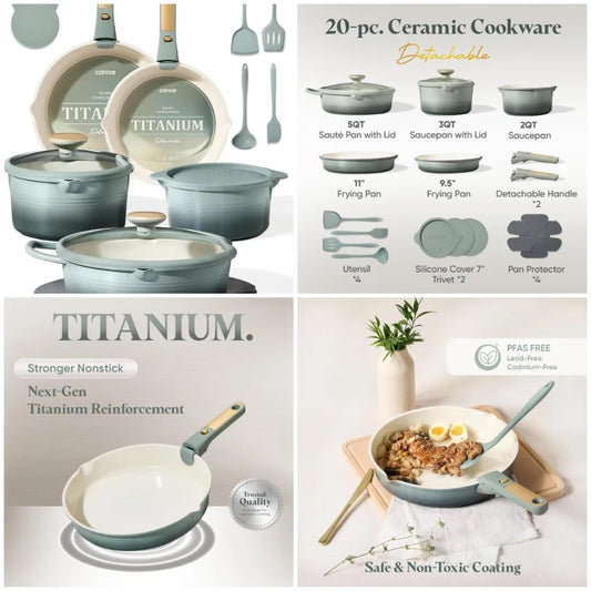 NUANYAO Titanium Pots And Pans Cookware Set With Detachable Handles