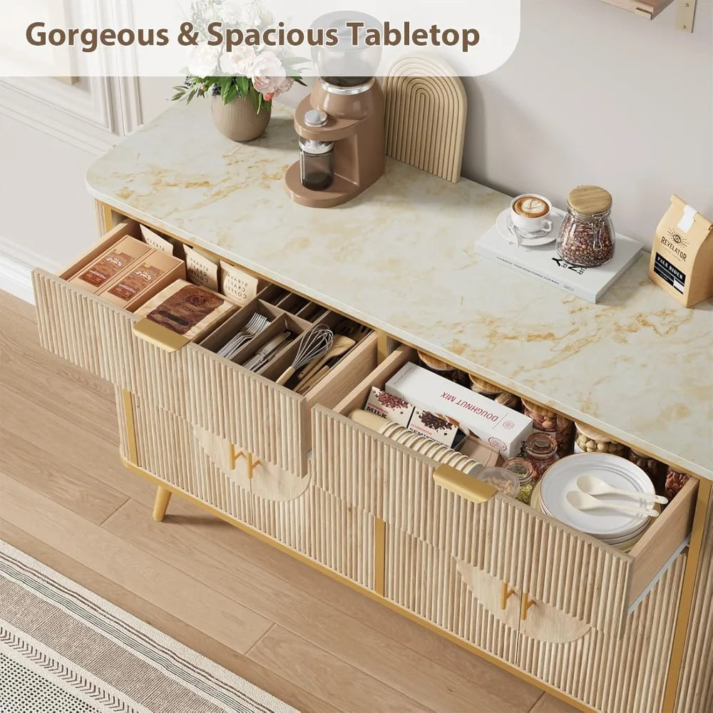 "47.2" Fluted Buffet Cabinet - Modern Coffee Bar with 2 Drawers & Adjustable Shelves, Kitchen/Dining Room Sideboard"