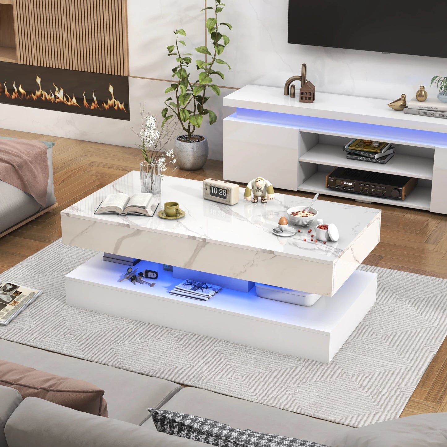 QiaoShiRen Modern LED Coffee Table With Dual Drawer Storage