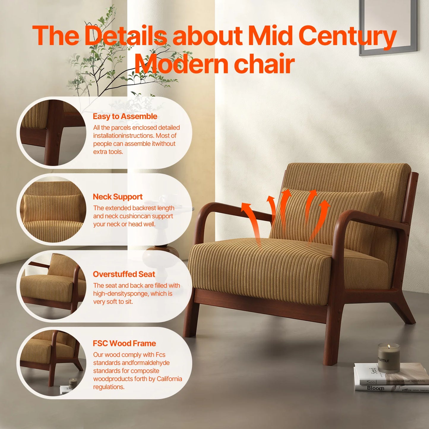 QWICover Mid Century Modern Accent Chair Fabric Armchair