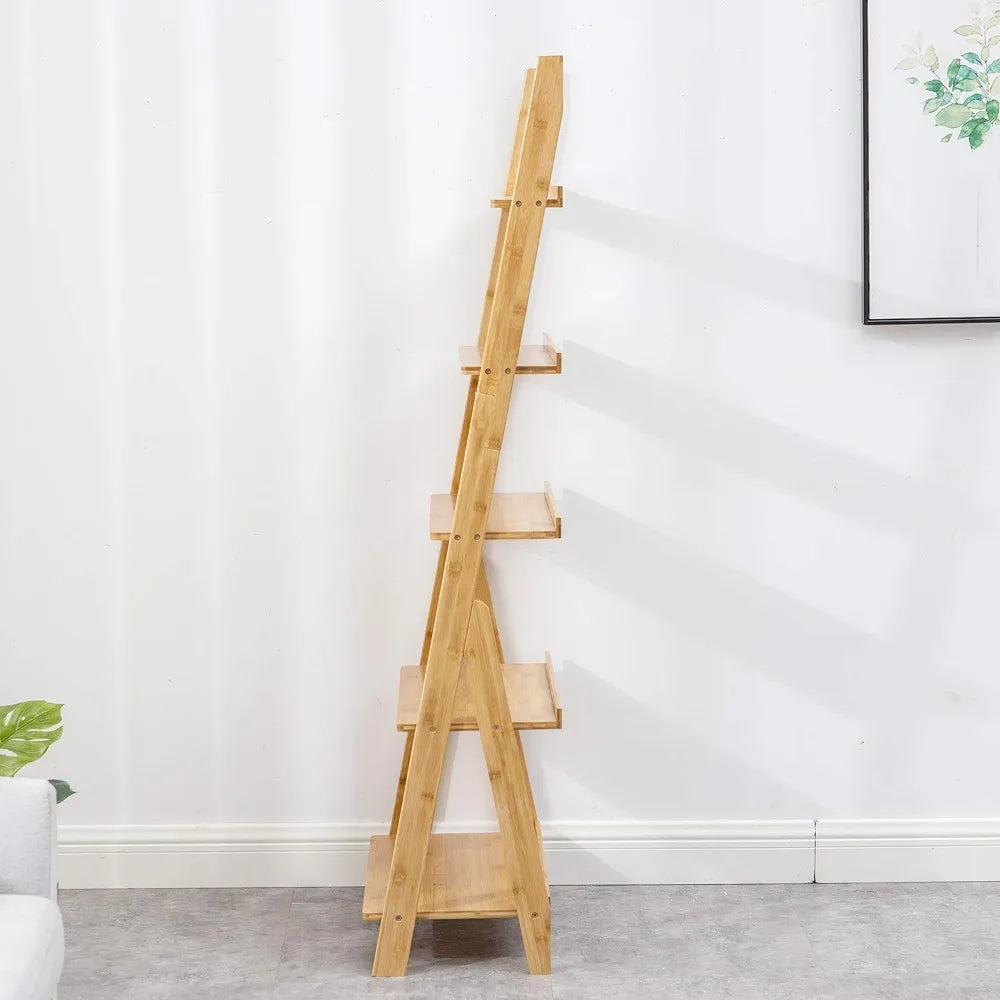Bookshelf & 5-Tier Bamboo Ladder Shelf & 59.4” Book Shelf Bookcase Floor Freestanding Multipurpose Bamboo Storage Rack Furniture