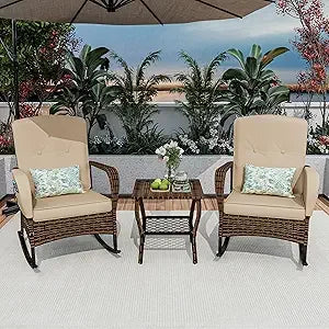 Patio Three Piece Rocking Chairs Set With Wicker Table