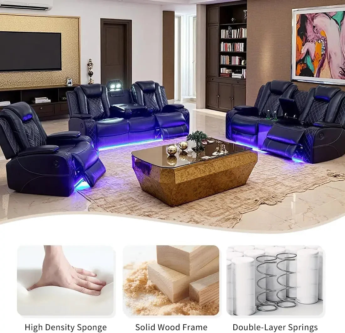 Power Recliner Sofa Set 3 Piece Sectional With LED Lighting