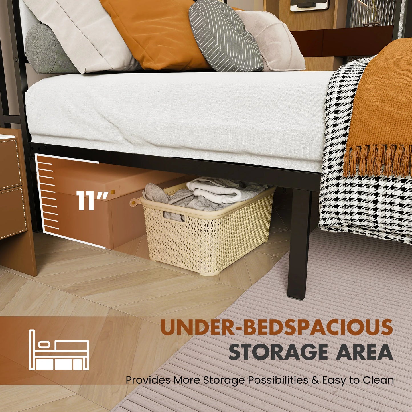 JHK King Size Metal Bed Frame With Storage And Charging Station, Heavy Duty 1100 Lbs Capacity, Easy Assembly, Headboard