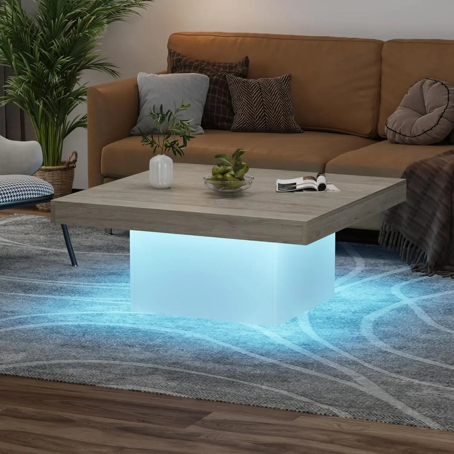 LED Light Square Coffee Table With Plug For Living Room