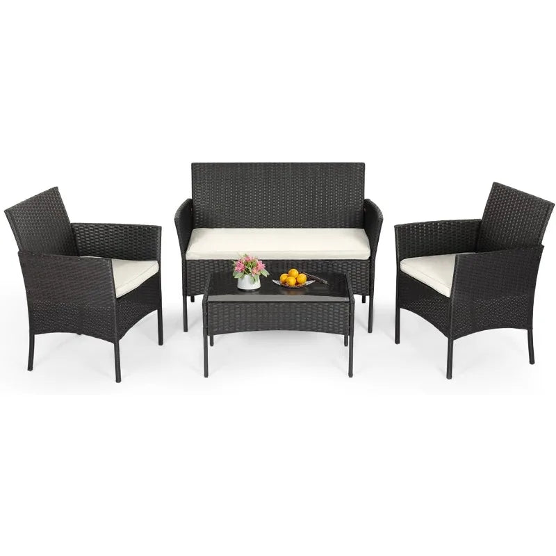 4 Piece Patio Furniture Set Black Outdoor Wicker Coffee Table Modern Rattan Chairs Conversation Set Weather Resistant