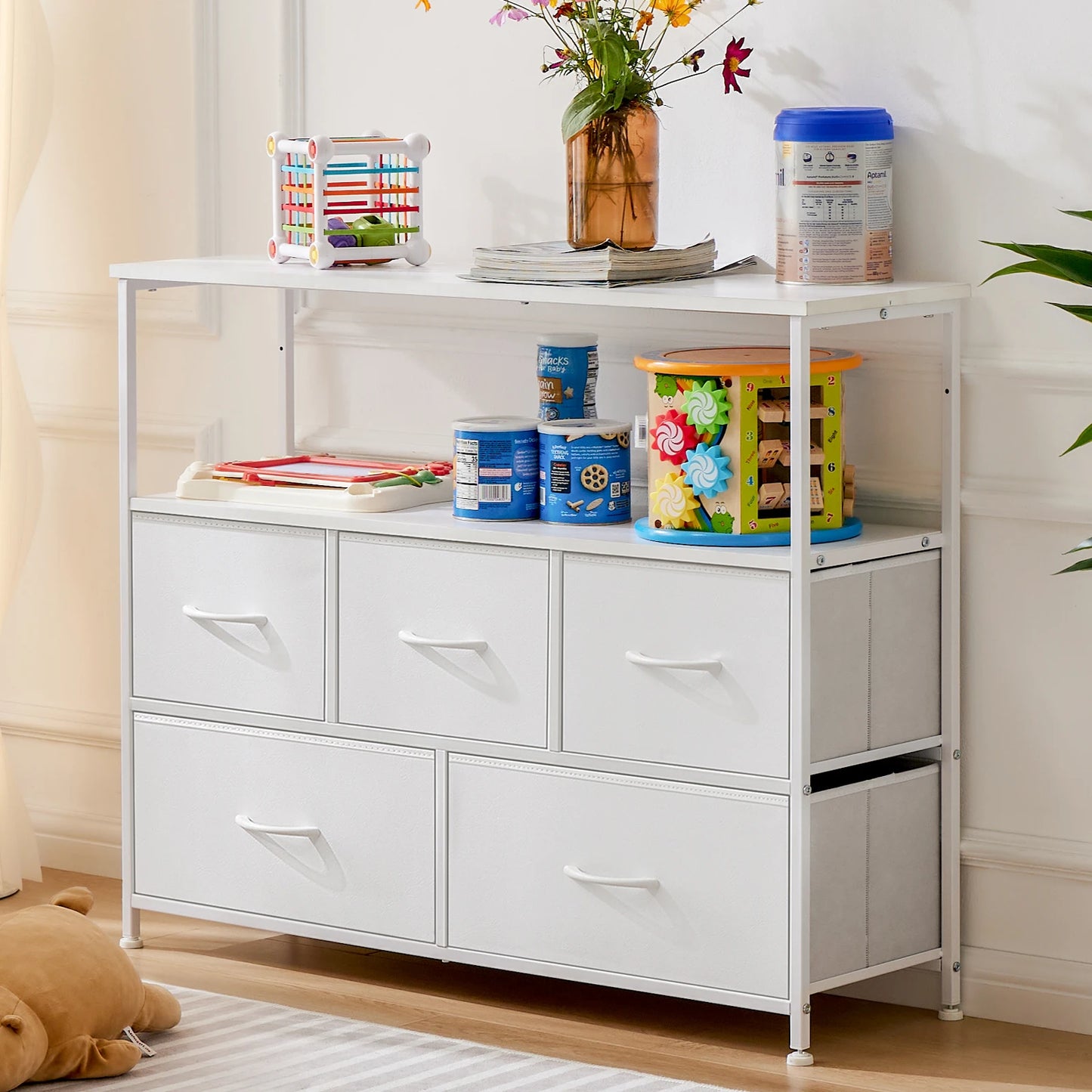 JHK Fireplace TV Stand Dresser With 5 Fabric Drawers