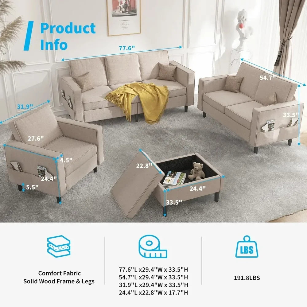 L Shaped Sectional Sofa Set With Ottoman Living Room
