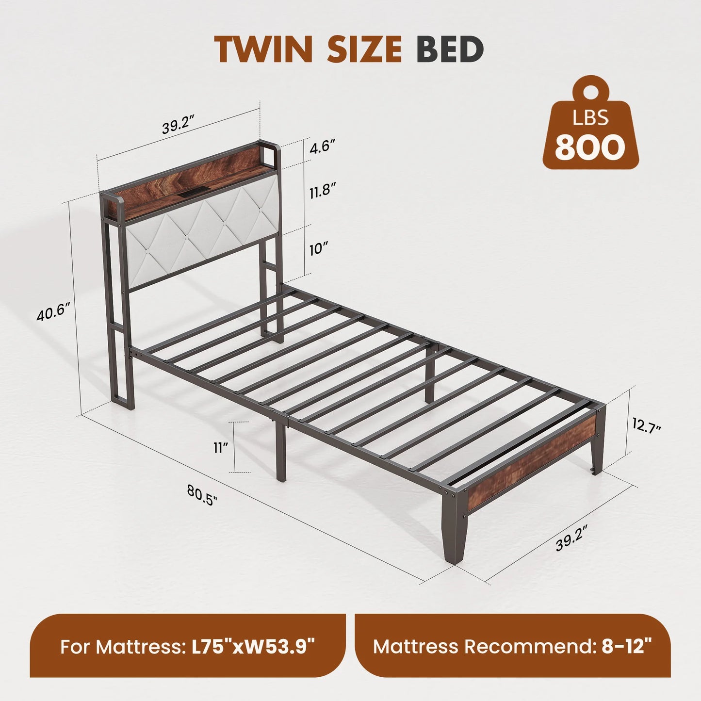 JHK Heavy Duty Metal Bed Frame With Headboard Charging Station