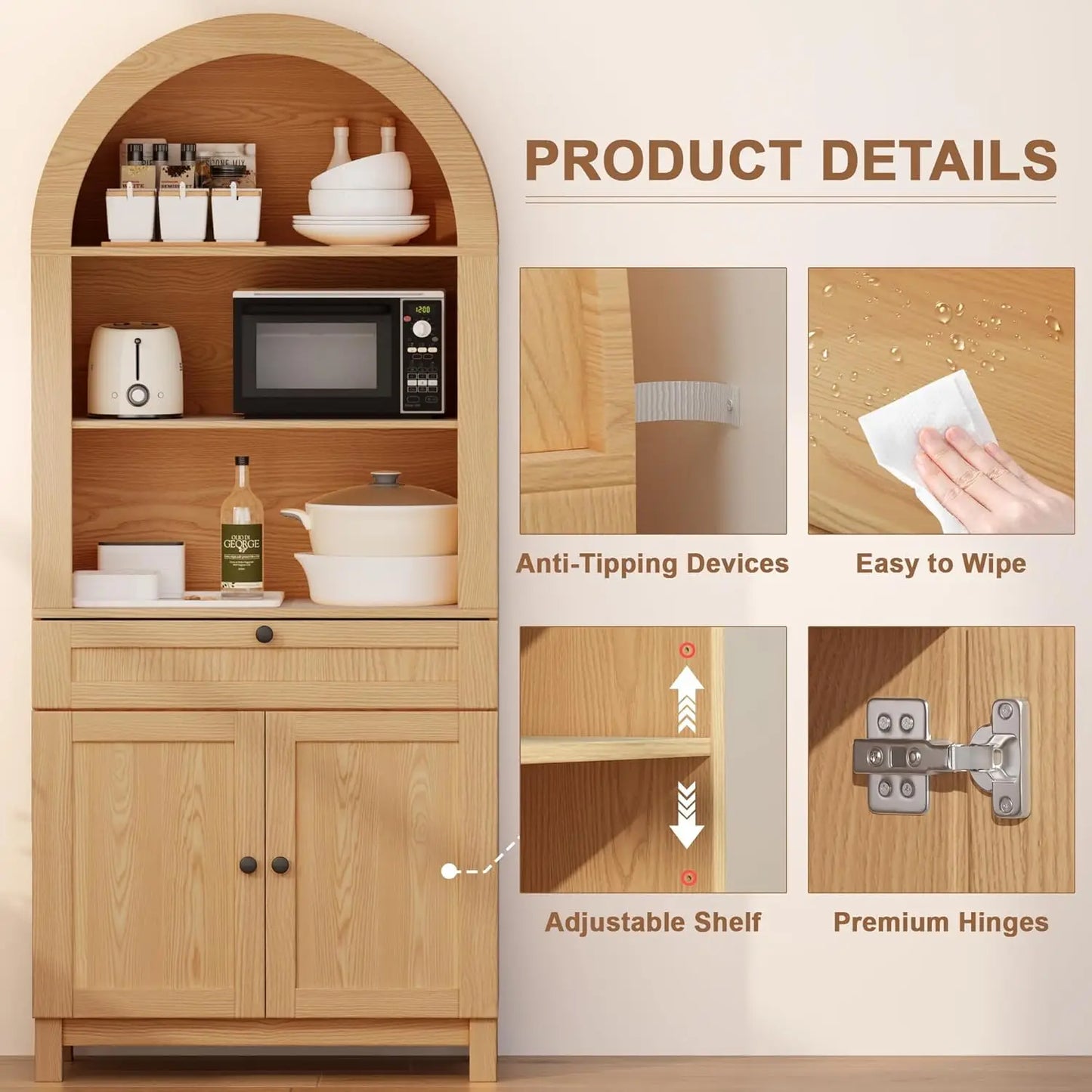 Chengwei Arched Pantry Cabinet Engineered Wood With Smooth Gliding Drawers