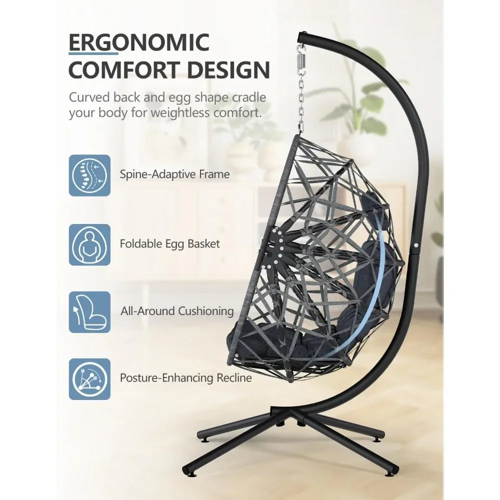 Hanging Egg Chair with Stand, Outdoor & Indoor Wicker Egg Swing Chair with Cushion, 400LBS Capacity for Patio, Bedroom & Garden