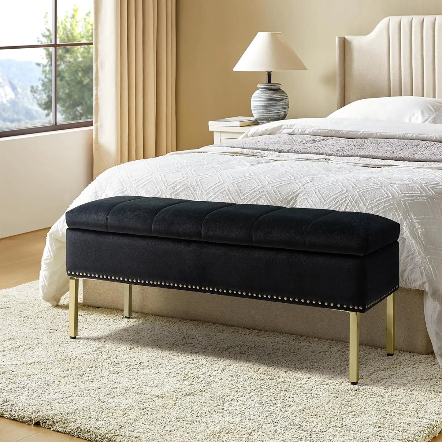 Velvet Flip Top Storage Ottoman Bench With Nailhead Trim
