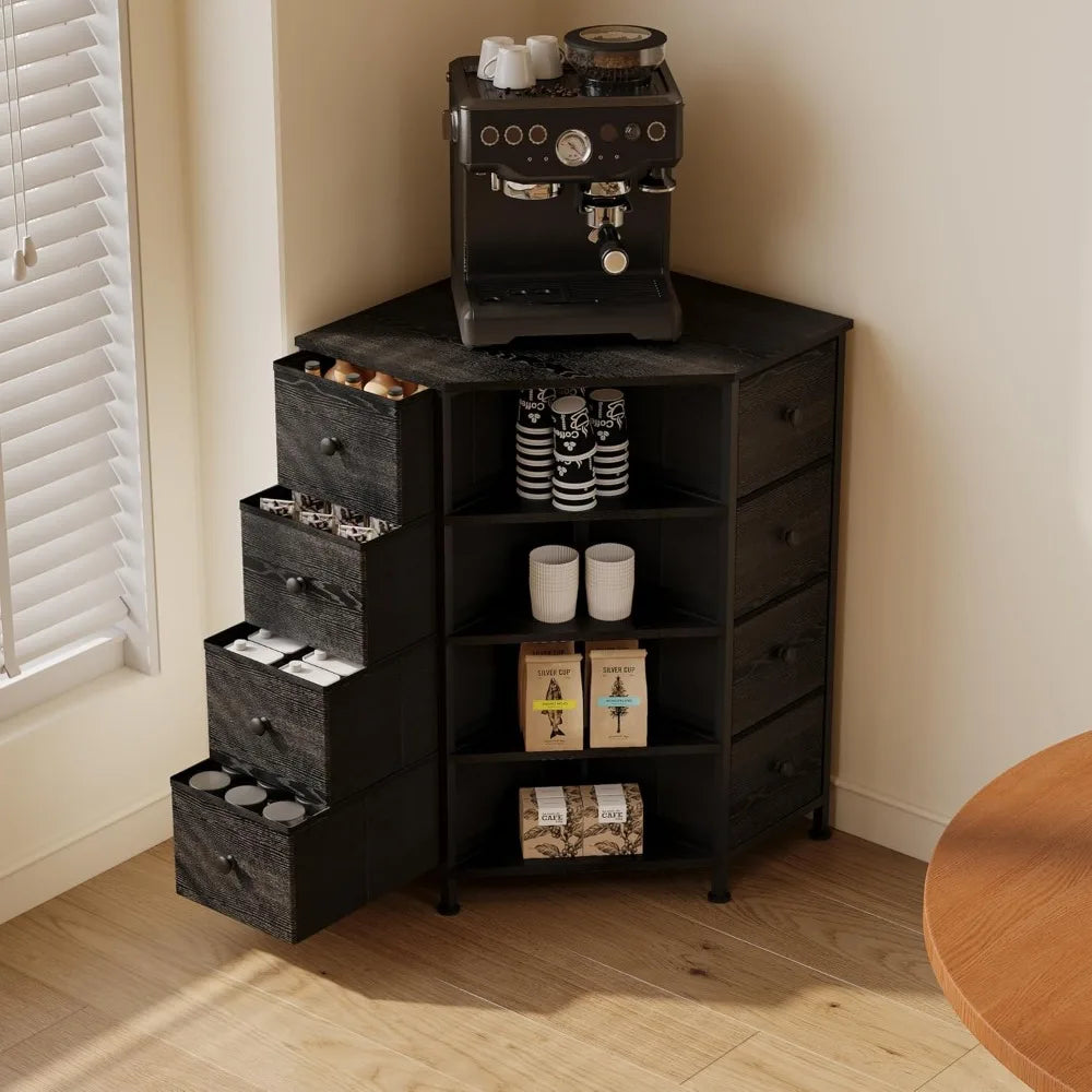 8 Drawer Corner Dresser With Fabric Drawers And Open Shelves
