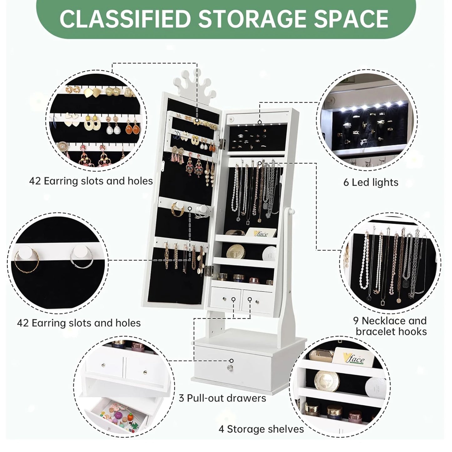 HiMISS Jewelry Cabinet With Full Length Mirror LED Light