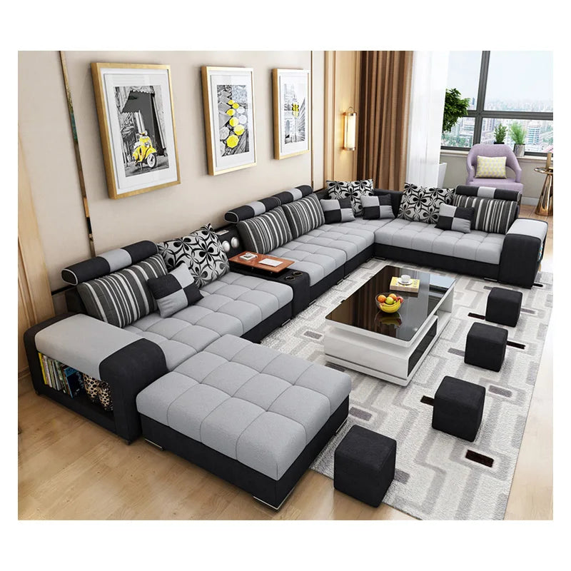 NONECN Modern Fabric Sofa Set with USB U Shape Stool