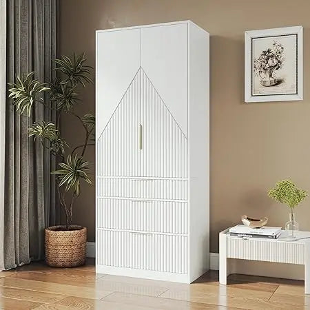 Wooden Wardrobe Armoire With Double Doors And 3 Drawers