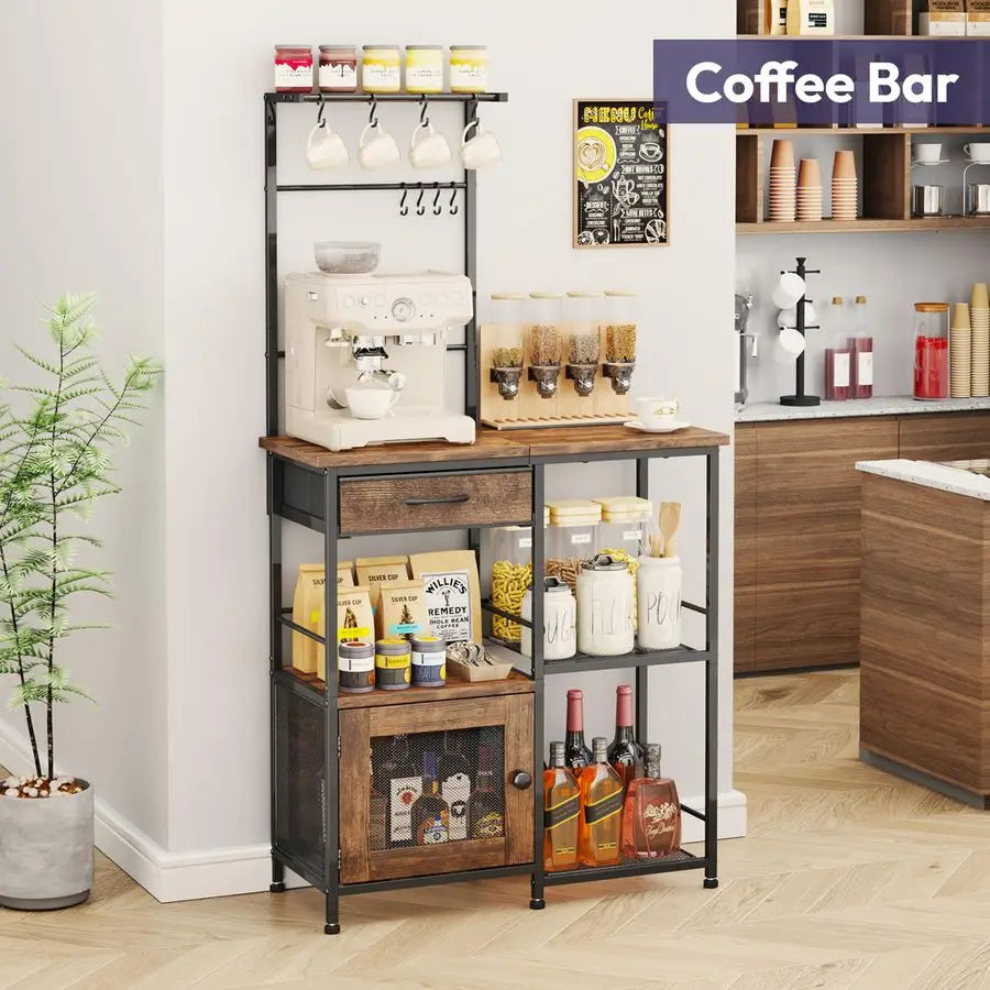 Coffee Bar With Hanging Rack Farmhouse Kitchen Buffet Cabinet Drawers