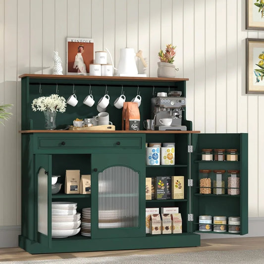 48” Kitchen Pantry with Glass Doors, Wood Coffee Bar Cabinet with Drawer, Green Microwave Cabinet with Hutch, Farmhosue Buffet