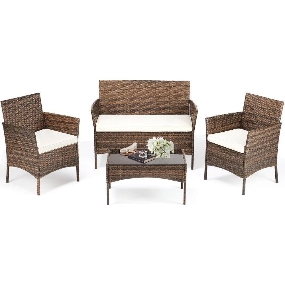 patio furniture set 4 pieces, outdoor wicker furniture with coffee table, modern rattan patio chairs conversation sets with sof