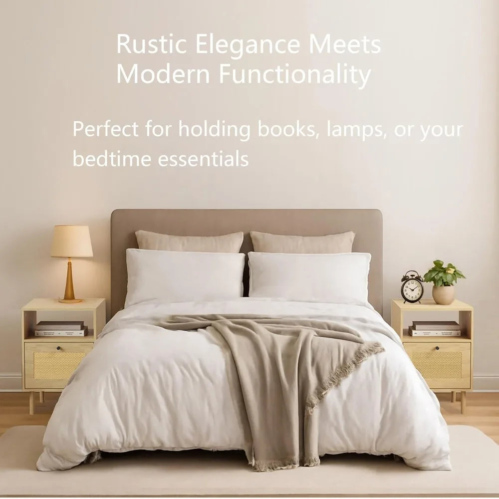 MKDK Rattan Nightstand With Storage Drawer Open Shelf