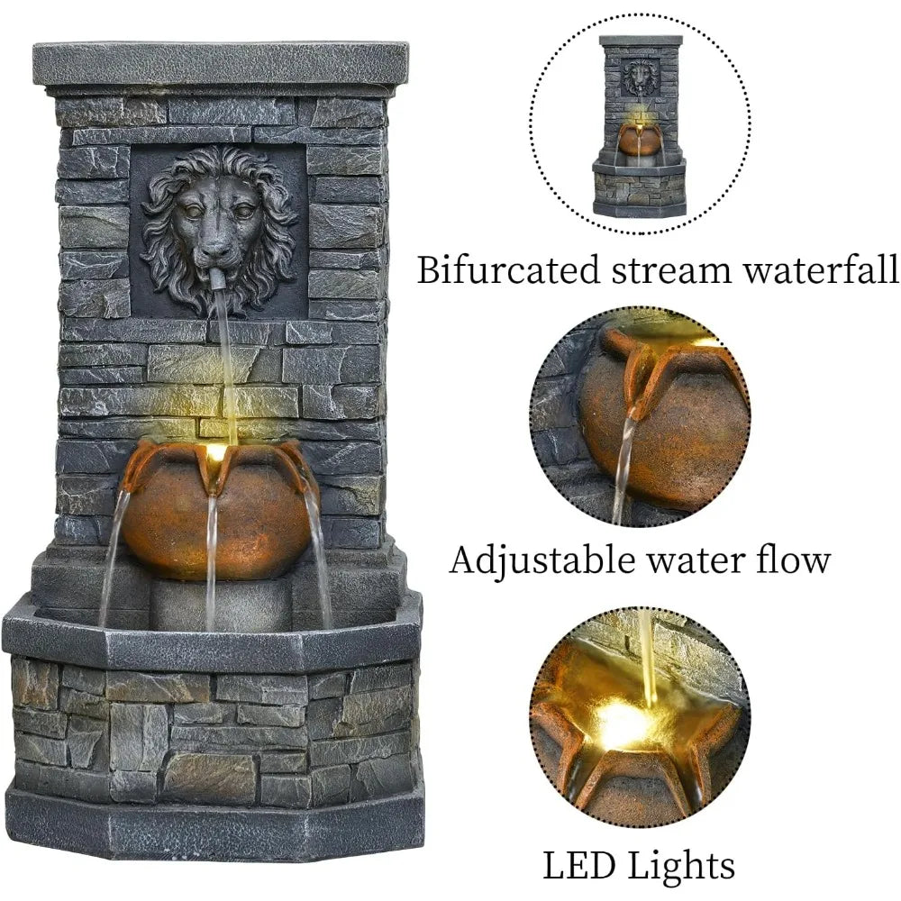 Desgmomy Lion Head Outdoor Water Fountain Garden Lights