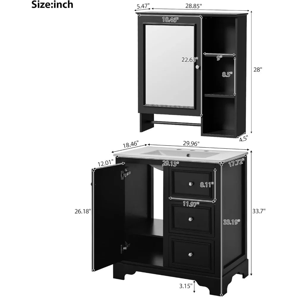 30-inch Bathroom Vanity with Sink, Modern Elegant Bathroom Storage Cabinet with 3 Drawers and Adjustable Shelves, freestanding V