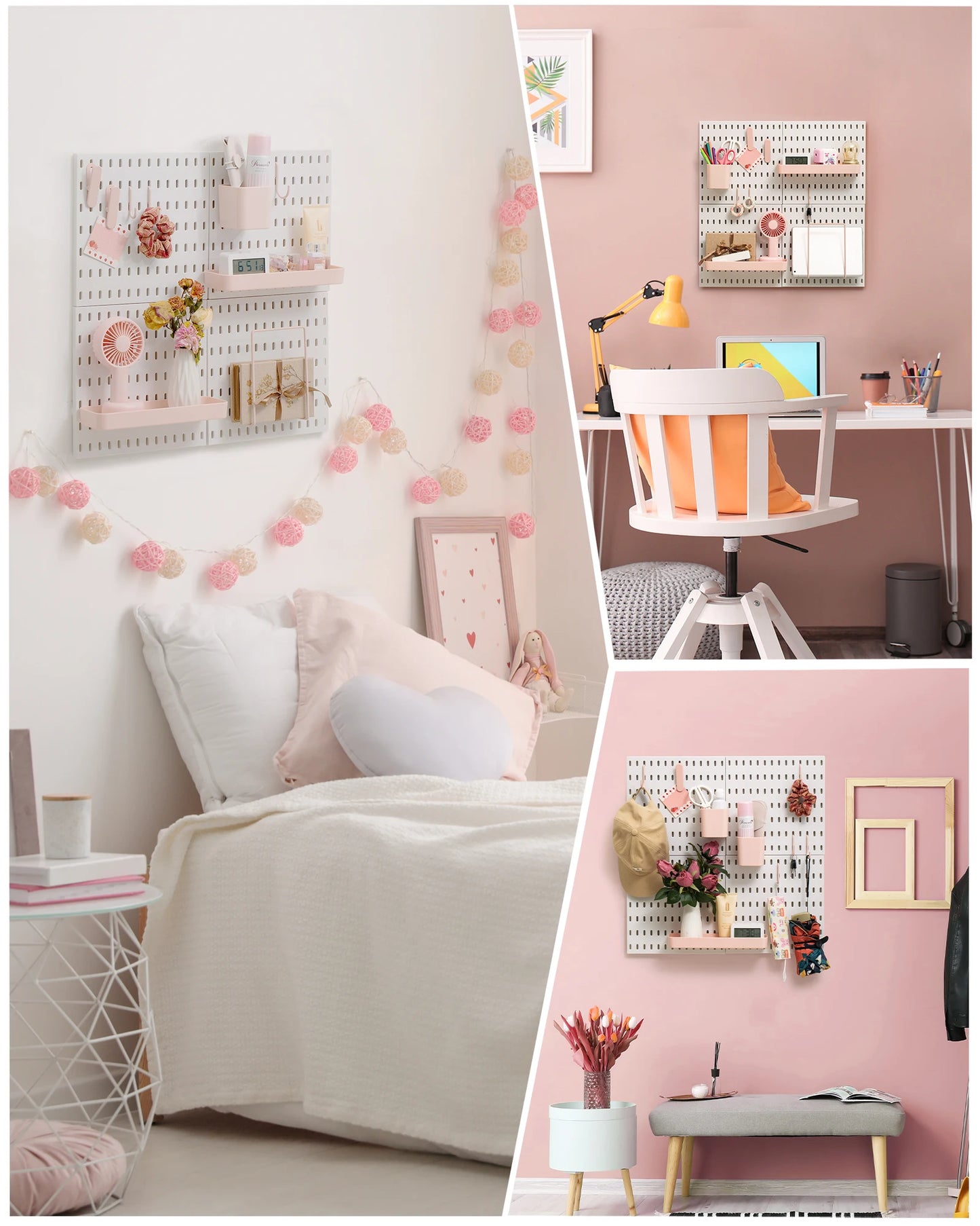 Deli Pink 4pcs Pegboard Combination Kits, Easy Storge, Free & Easy to Assemble, Two Installation Methods