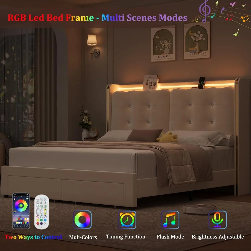 LED Bed Frame With Charging Station And Storage Drawers