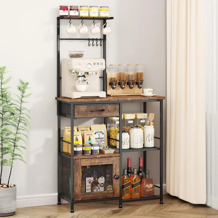 Coffee Bar With Hanging Rack Farmhouse Kitchen Buffet Cabinet Drawers