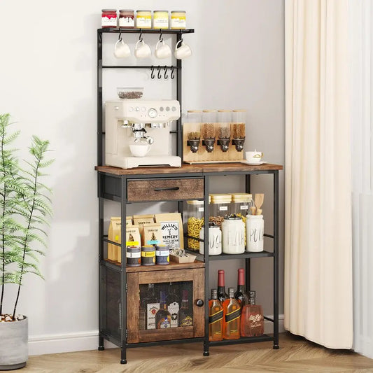 Coffee Bar With Hanging Rack Farmhouse Kitchen Buffet Cabinet Drawers