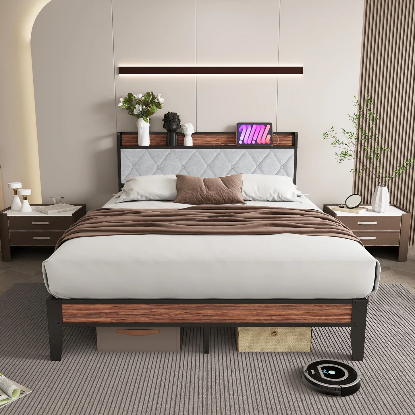 JHK King Size Metal Bed Frame With Storage And Charging Station, Heavy Duty 1100 Lbs Capacity, Easy Assembly, Headboard