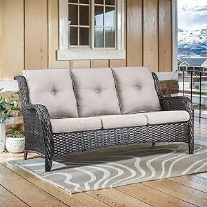 75Inch Outdoor Wicker Sofa - Standard 3 Seater with High Backrest, All Weather Rattan Patio Furniture for Balcony, Deck, Backyar