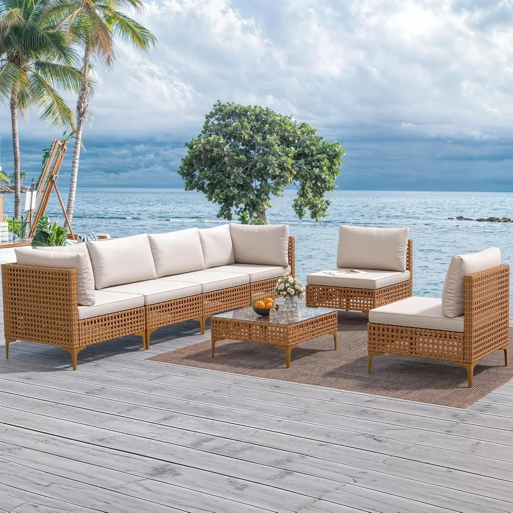 7 Piece Patio Furniture Set All Weather PE Wicker Outdoor Conversation Set Beige Modern Assembly Required Poolside