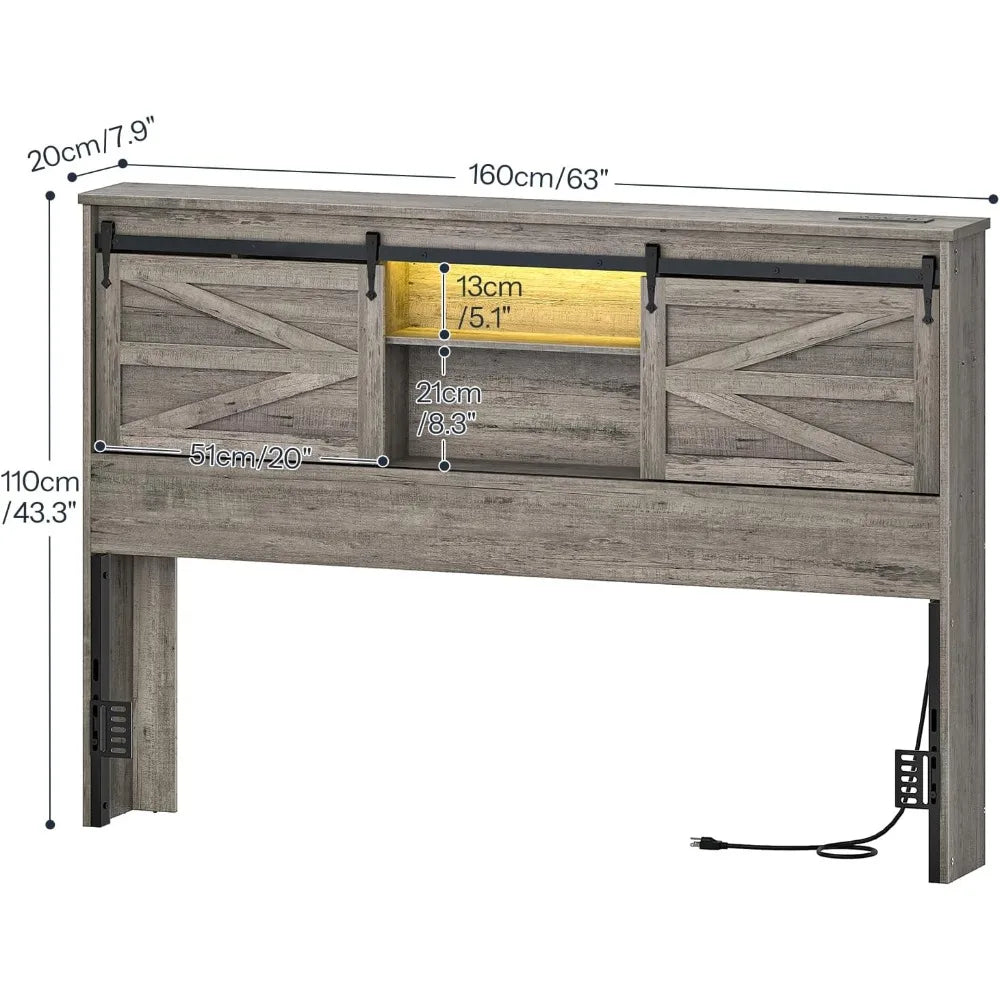 HOOBRO Queen Headboard with Storage Shelf, Farmhouse Queen Headboard Only with Charging Station & LED Lights, Bookcase Headboard