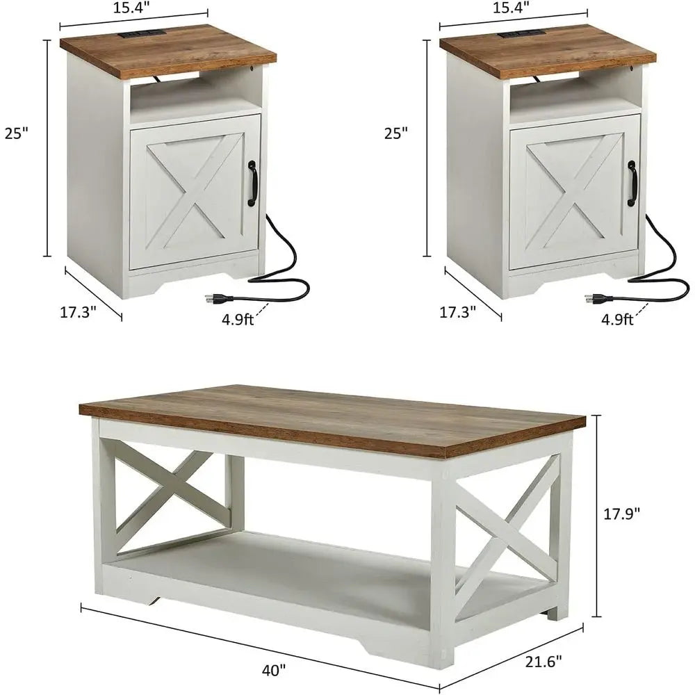 Farmhouse Living Room Table Set With TV Stand And Shelves