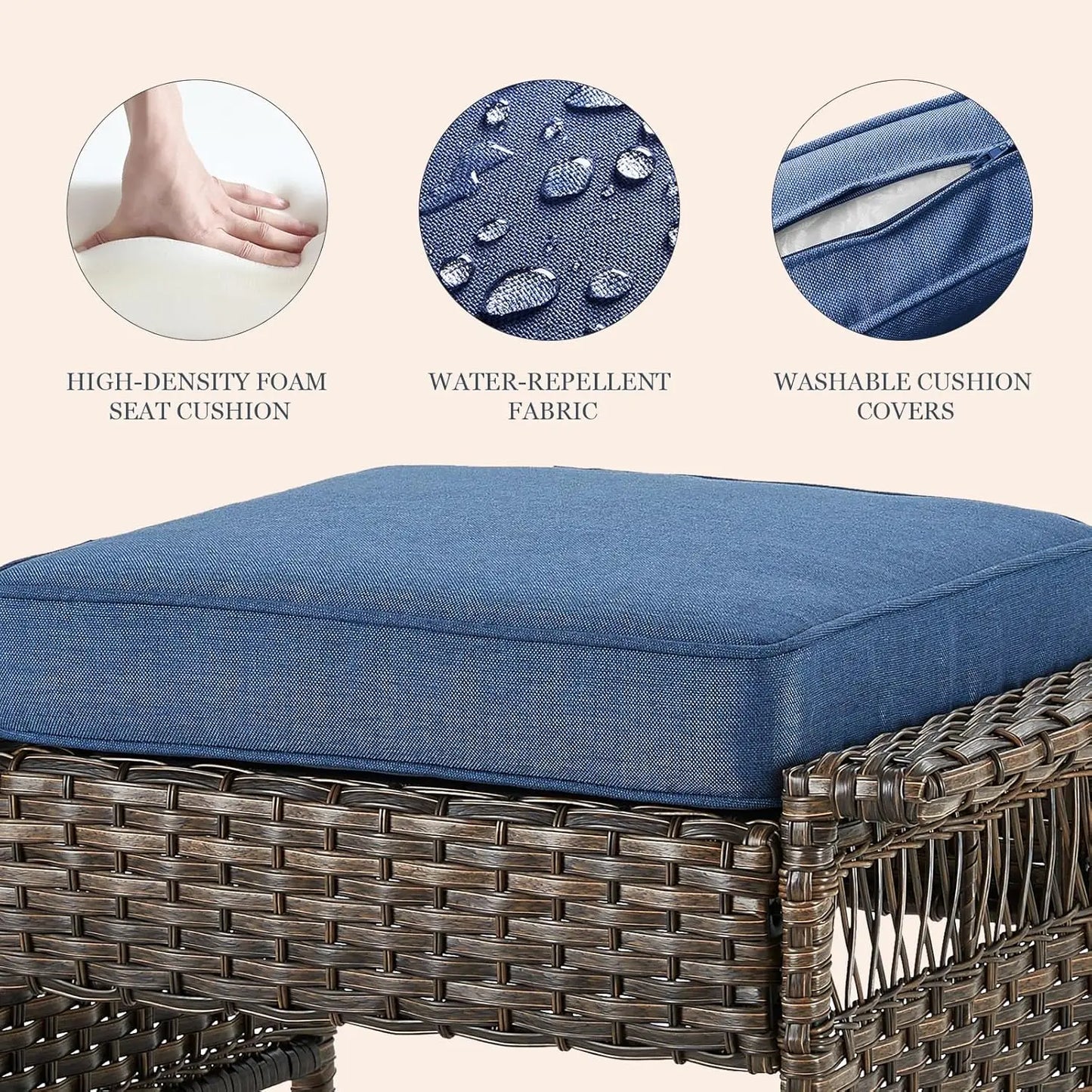 Outdoor Wicker Sofa Set with Two Ottomans and Blue Cushions for Patio, Garden, Balcony, Sunroom, and Backyard