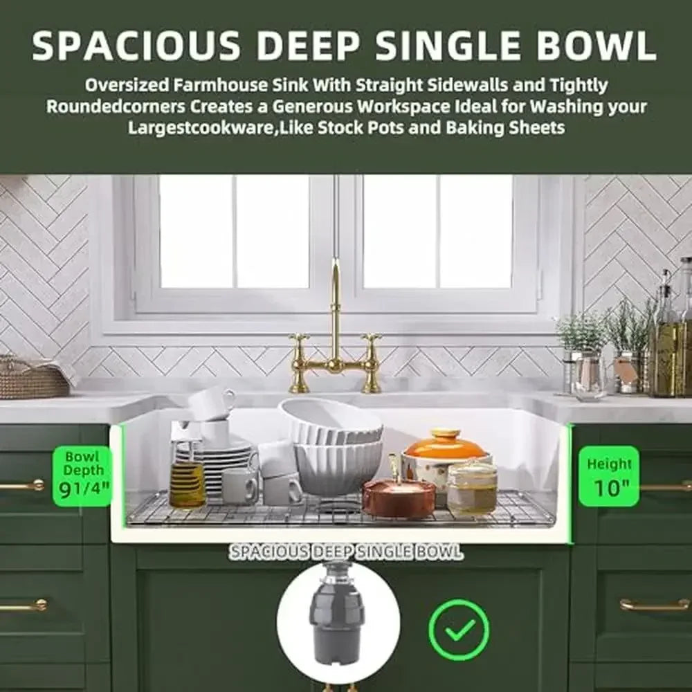 30-inch Fireclay Apron Front Single Bowl Kitchen Sink Luxury Spacious Deep Basin Farmhouse Sink with Efficient Drainage Easy