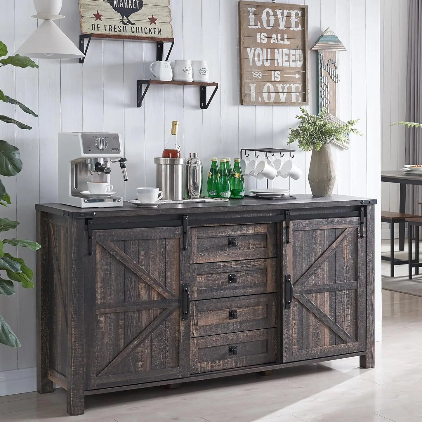 T4TREAM Farmhouse Sideboard Buffet With Storage Sliding Barn Door 4 Drawers
