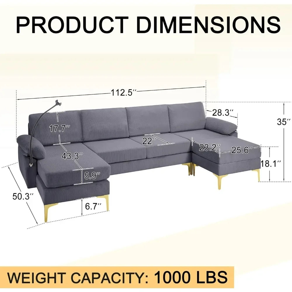 U-Shaped Corduroy Convertible Sofa Set With Lounge Chair And Footstool