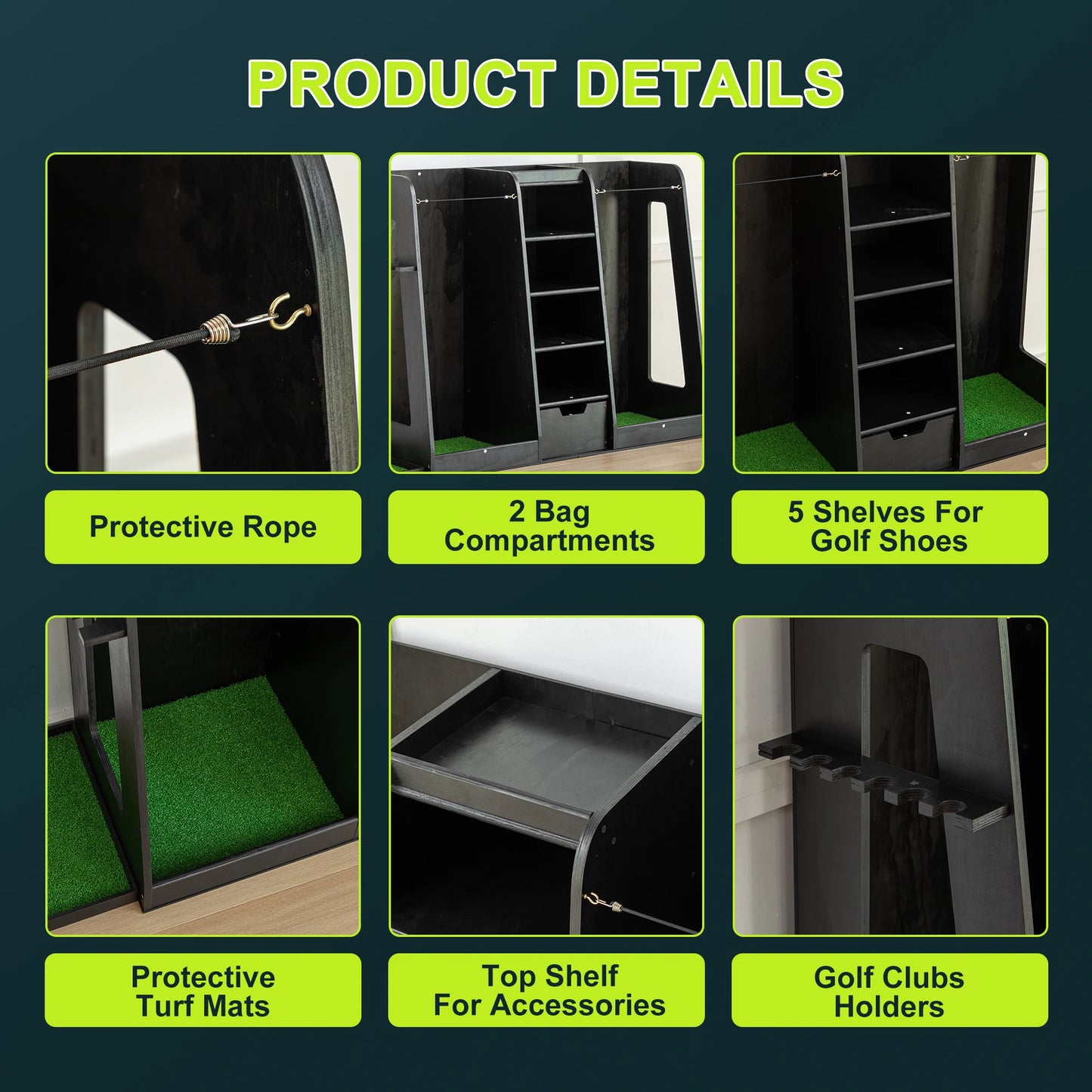 LZBEITEM 55.5''x16''x37''(LxWxH) Wooden Golf Bag Storage Rack, High Quality Wooden Golf Bag Rack with Drawers, Black