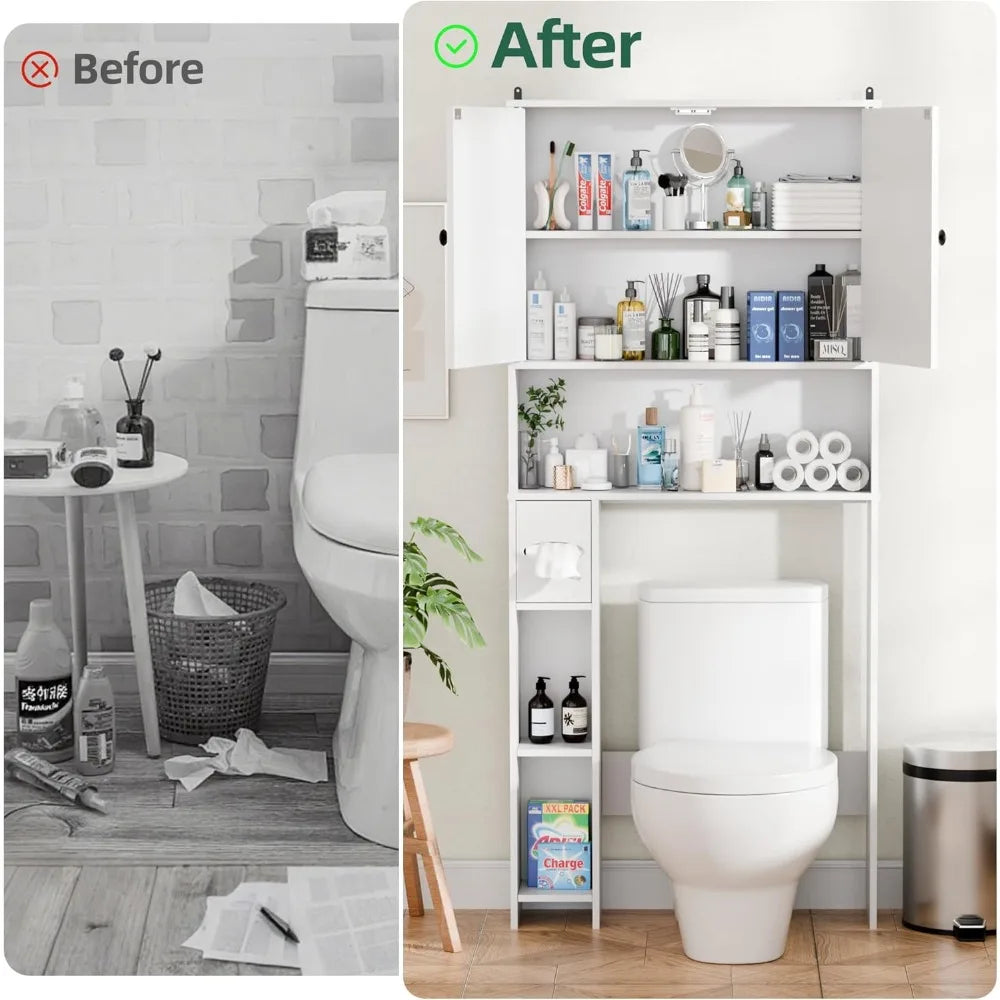 65" Tall Over Toilet Storage Cabinet with 2 Doors & Adjustable Shelves, Freestanding Bathroom Organizer for Small Spaces