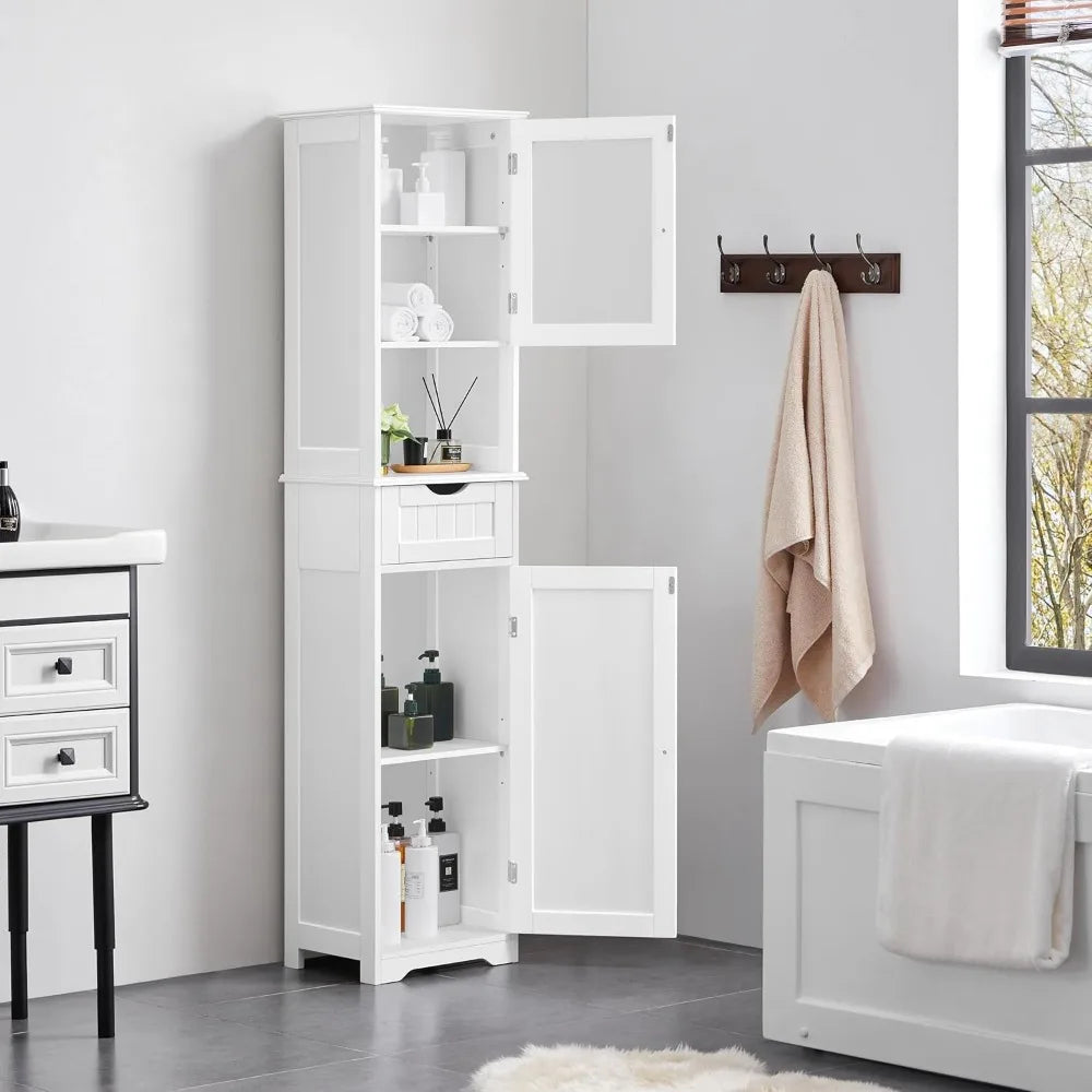 Freestanding Tall Bathroom Storage Cabinet with Glass Door and Adjustable Shelving